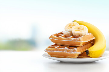 Homemade waffles with few slices of banana and sprinkle of powdered sugar, placed elegantly on plate, blurred background, space for text