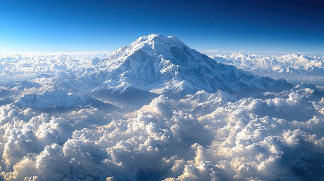 Aerial view Snow-capped mountain above clouds