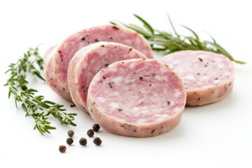 High quality cotechino sausage slices on a clean white background with herbs