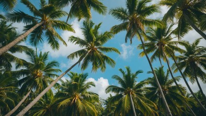 Tropical Coconut Trees Canopy Against Clear Blue Sky Creating a Lush Island Paradise Atmosphere