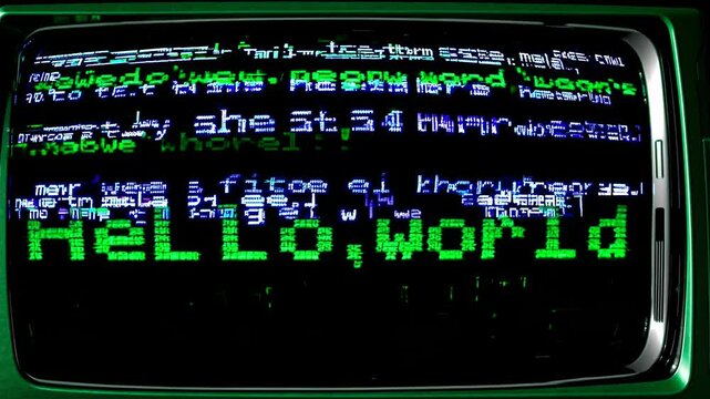 Retro video style with a fisheye lens angle, displaying glitchy green text 'HELLO, WORLD!' on a vintage CRT screen, evoking nostalgia.
