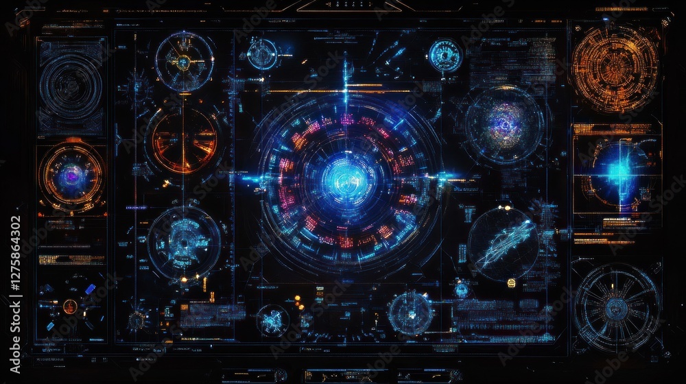 Wall mural futuristic hud interface with glowing central orb and various data displays.