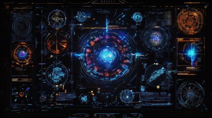 Obraz premium Futuristic HUD interface with glowing central orb and various data displays.
