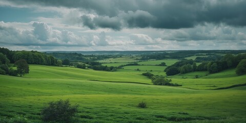 Fototapeta premium Lush Green Landscape Under Dramatic Cloudy Sky with Open Space for Text and Creative Inspiration