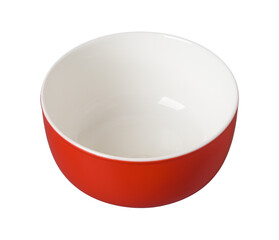 Empty red porcelain ramekin cutout. Clean scarlet bowl isolated on a white background. Tableware crockery of clay ceramics porcelain for food design.