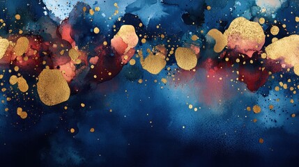 A stunning abstract artwork featuring rich blue and maroon hues adorned with shimmering gold accents, creating a captivating visual experience.