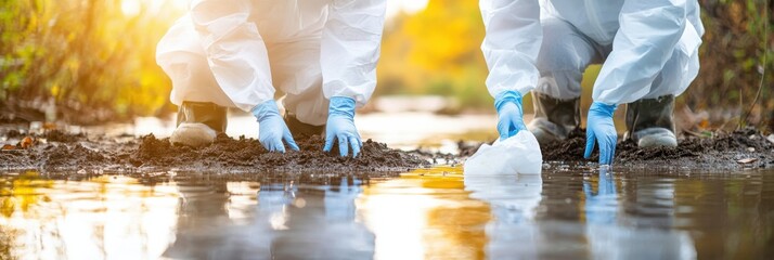 Environmental teams assess soil and water safety in contaminated flood zone after severe weather events
