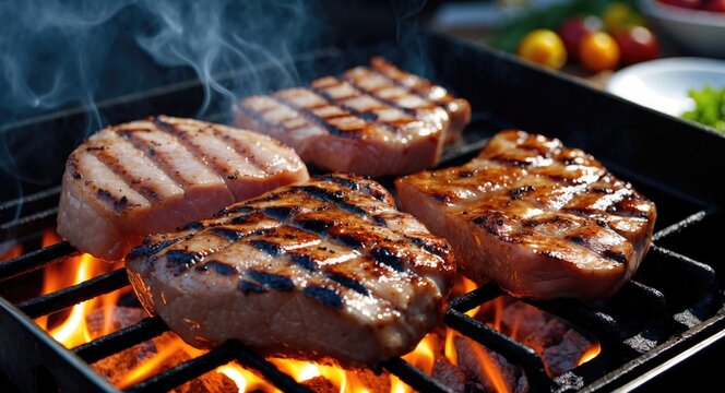 Grilled pork steaks sizzling on a barbecue grill with smoke and flames showcasing delicious outdoor cooking and savory food preparation.