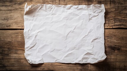 Crumpled white paper on a rustic wooden surface, creating a textured and natural background perfect for creative projects.