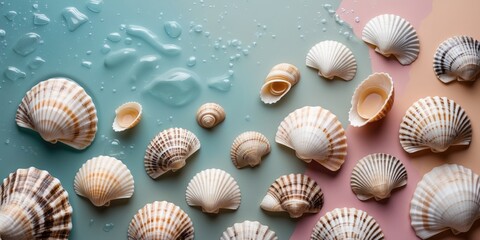Seashells and Water Droplets on Soft Pastel Background with Space for Text or Branding