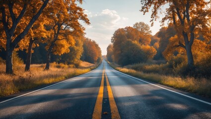 Fototapeta premium Scenic Autumn Road with Vibrant Fall Foliage and Clear Blue Sky Ideal for Text Overlay and Natural Landscape Backgrounds