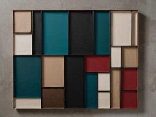 An image featuring an abstract geometric design comprised of rectangular and square shapes. It comes in bright or dark colors, and each shape is outlined with a thin border. Generative AI.