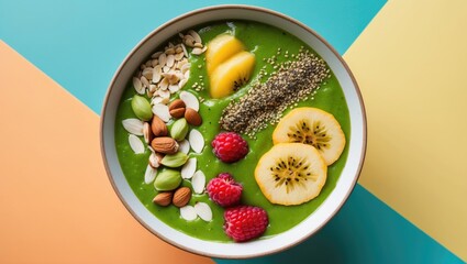 Vibrant Green Smoothie Bowl Garnished with Fresh Fruits Nuts and Seeds on a Colorful Background Healthy Eating Concept