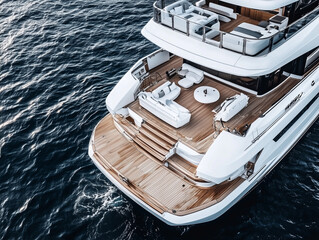 A modern yacht sailing across the open sea, captured from a breathtaking aerial view.