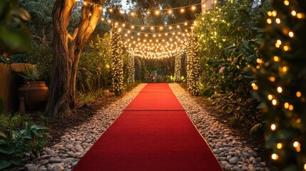 Romantic red carpet path, lined with warm string lights. Perfect for event, wedding, or luxury backgrounds.