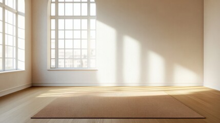 Shoulder stretch on a yoga mat in a minimalist studio. Featuring focus and balance