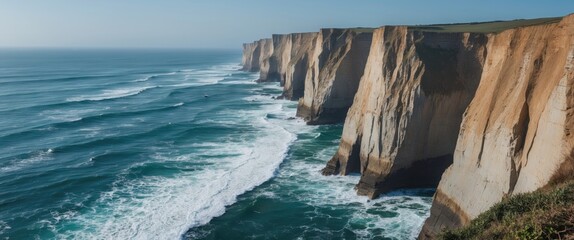 Obraz premium Dramatic Coastal Cliffs Eroded by Ocean Waves with Turquoise Water and Clear Sky Ideal for Text Overlay or Nature Themes