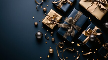 An elegant arrangement of gift boxes in gold and blue, adorned with shimmering ribbons and sparkling ornaments, evoking a festive and celebratory mood.