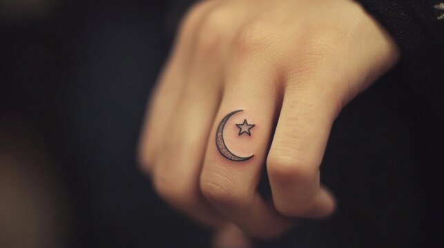 Tiny Moon and Star Tattoo on Finger