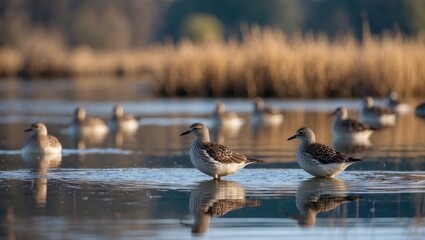 Birds Wading in a Calm Flooded Lake Reflecting Surrounding Nature's Beauty
