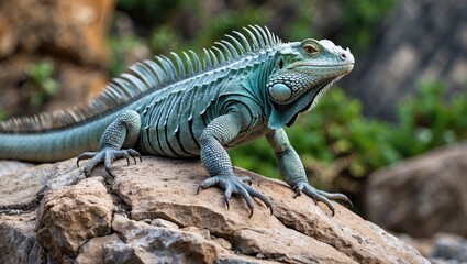 Obraz premium Iguana Resting On Rocky Surface Surrounded By Greenery In Natural Habitat Outdoors