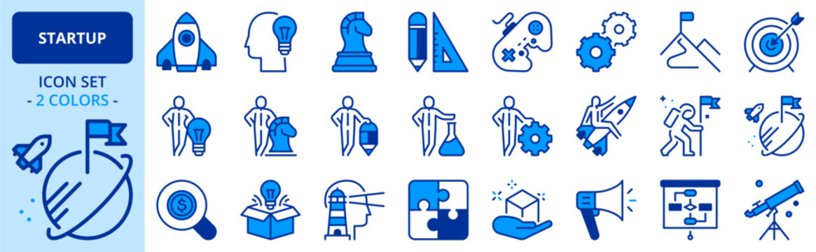 Icons in two colors about startup. Business concept.