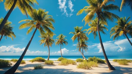 Idyllic tropical beach scene featuring lush palm trees against a vibrant blue sky with ocean waves, perfect for summer travel inspiration.