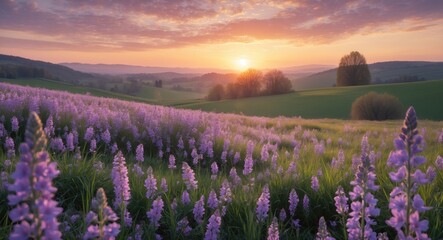 Fototapeta premium Stunning Sunrise Over Blossoming Purple Wildflower Field in Rural Landscape With Rolling Hills and Vibrant Colors During Spring Season