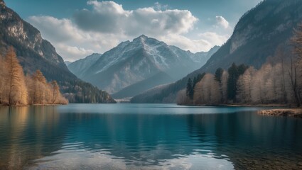 Serene Mountain Lake Reflection Surrounded by Majestic Peaks and Lush Trees Under a Bright Blue Sky