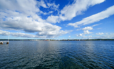 View of the harbor and the Baltic Sea in Kiel. Baltic Sea arm Kiel Fjord.