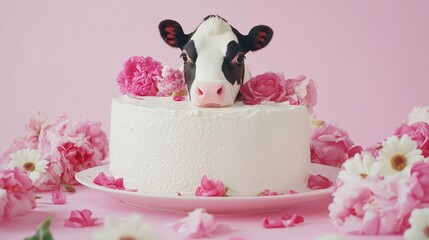 A whimsical cake adorned with flowers and a cow figurine, set against a vibrant pink backdrop