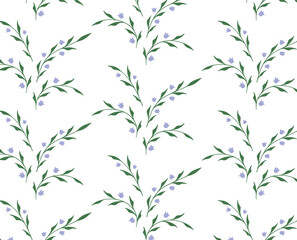 Seamless floral pattern with delicate green Leaves and tiny Blue Flowers. Hand-drawn botanical element for textile, wallpaper, wrapping. Minimal flat vector illustration.