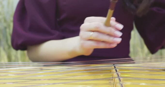 Skilled musician playing traditional hammered dulcimer instrument