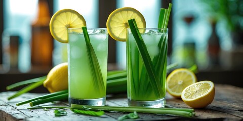 Fresh Lemon Grass Drinks with Lemon Slices on Wooden Table and Soft Background Ideal for Beverage Advertising or Healthy Lifestyle Promotion