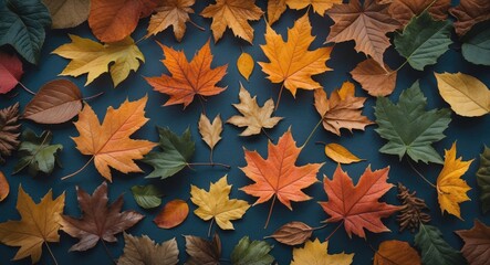 Autumn Leaves Collection Colorful Variety of Maple and Oak Foliage on a Blue Background for Seasonal Themes and Nature Designs
