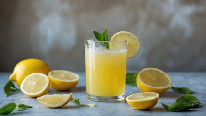 Refreshing Lemonade in a Glass Surrounded by Fresh Lemons and Mint Leaves with Space for Text