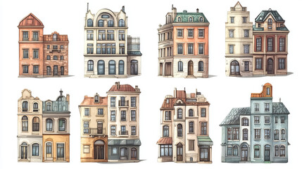 Obraz premium Urban retro building cartoon vector set illustration. Old residential and government buildings with shop or cafe on lower floor, isolated on white background
