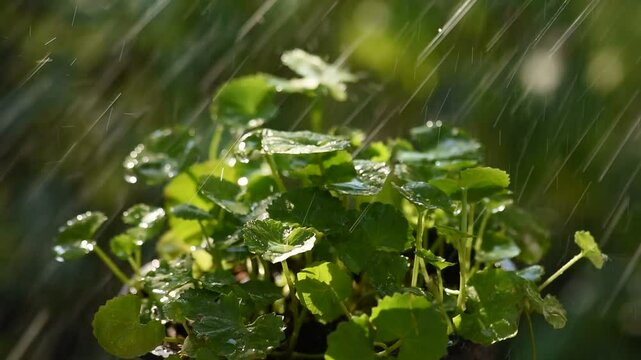 Centella asiatica or Gotu kola green leaves and rain on natural background.