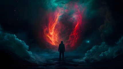Silhouette Figure Contemplates a Cosmic Portal in Surreal Landscape