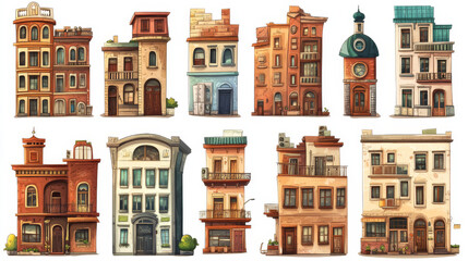 Urban retro building cartoon vector set illustration. Old residential and government buildings with shop or cafe on lower floor, isolated on white background