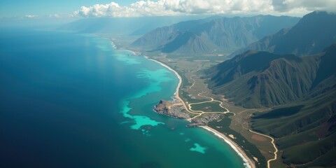 Aerial View of the West Coast with Coastal River and Mountains Highlighting Natural Landscape and Climate Change Impact with Space for Text