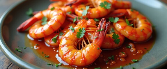 Grilled River Prawns with Spicy Seafood Sauce on a Plate Garnished with Fresh Herbs and Empty Space for Custom Text