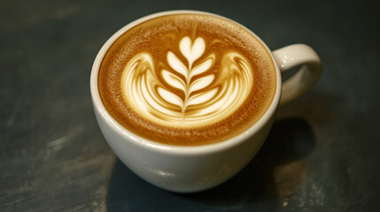 Close-up of latte art in a white cup perfect for morning coffee break advertisement