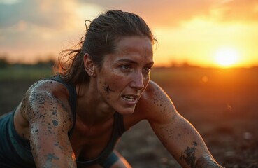 Close-up of determined athletic woman crawling on ground at sunset. Muddy face, arms of female during obstacle course race shows resilience, strength, endurance.