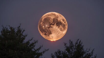 Red Moon Illuminated by Smoke Haze from Forest Fires Against Dark Sky with Silhouetted Trees in Foreground