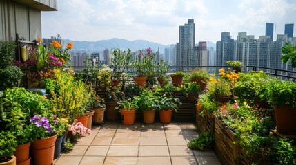 Fototapeta premium House terrace on rooftop with garden. Cartoon vector of balcony on city skyscraper roof with plants with green leaves and flower blossom in pot and gardening tools on town buildings background.