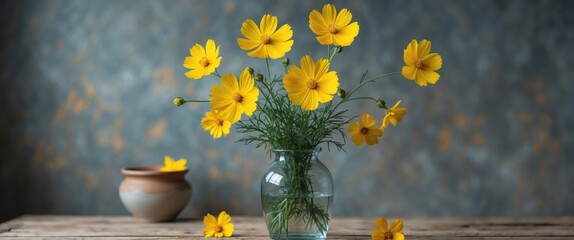 Vibrant Yellow Cosmos Flowers in a Clear Vase with Rustic Background and Empty Space for Custom Text or Branding