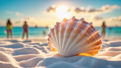 Seashell on White Sand Beach with Sunset Glow and Silhouettes of People in Background