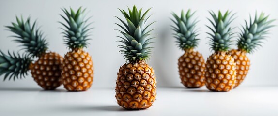 Fototapeta premium Pineapples Arranged Artistically on White Background with Shallow Depth of Field and Space for Text or Design Elements