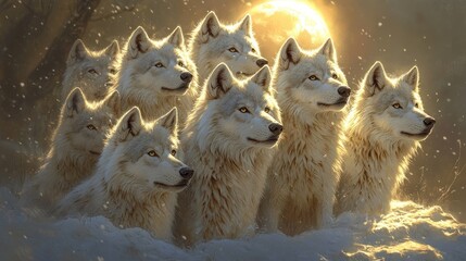 Arctic wolf pack sunset snow wildlife art